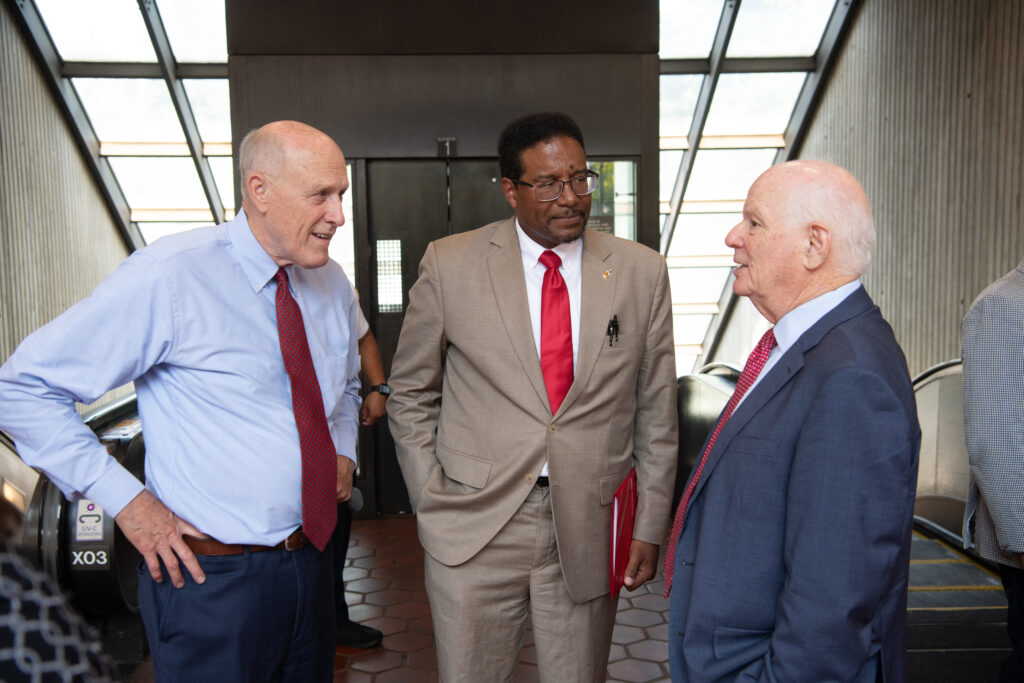Photo of University of Maryland Baltimore President pictured with University of Maryland College Park President Darryl Pines and Maryland Senator Ben Cardin.