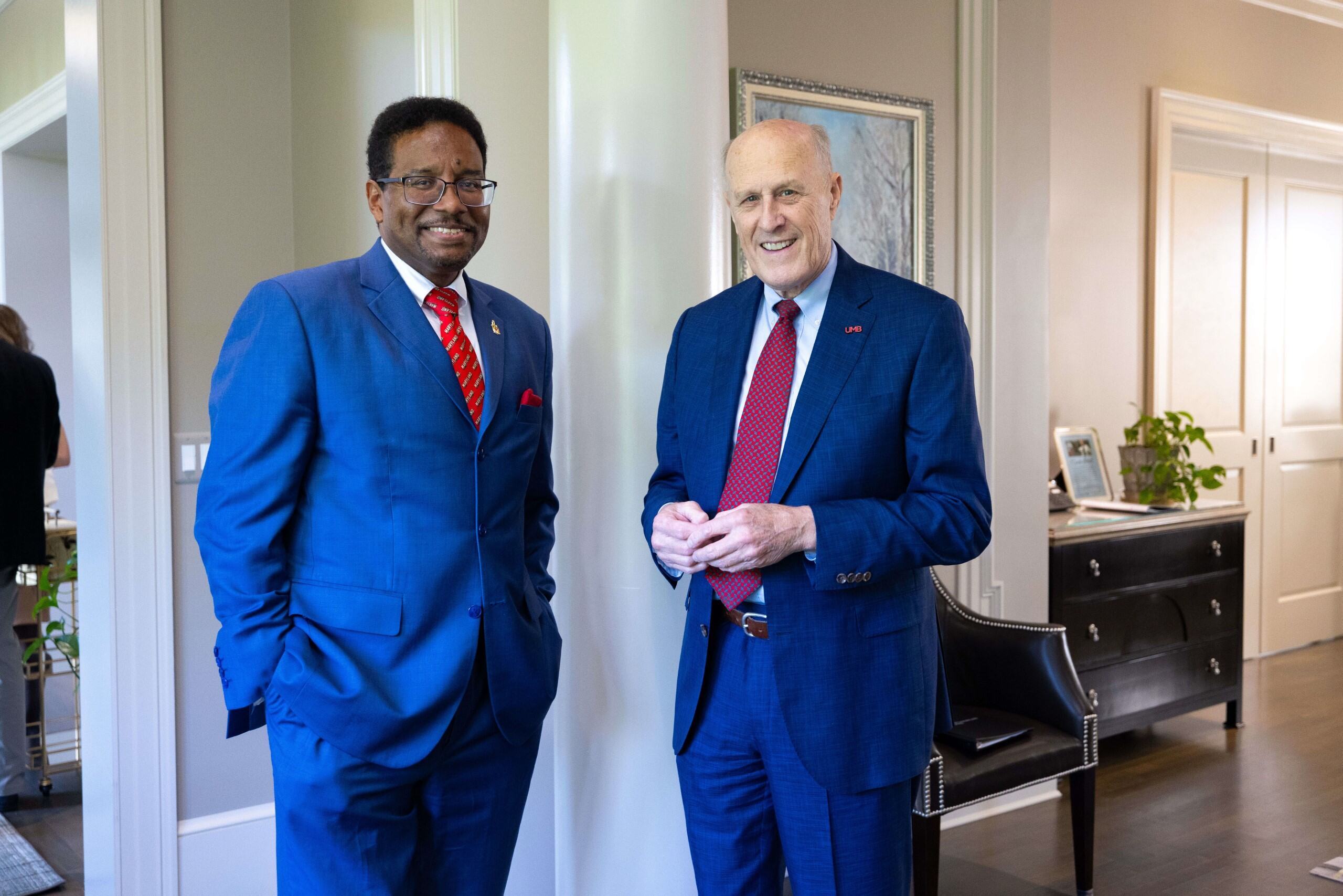 Photo of UMB and UMCP Presidents Darryll Pines and Bruce Jarrell at University House.