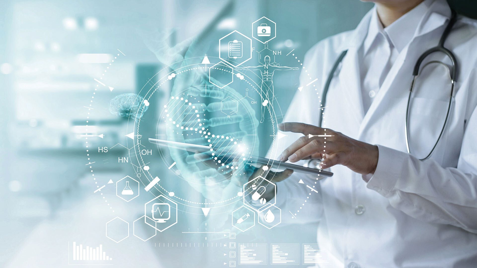 A medical professional in a white coat with a stethoscope uses a digital tablet.