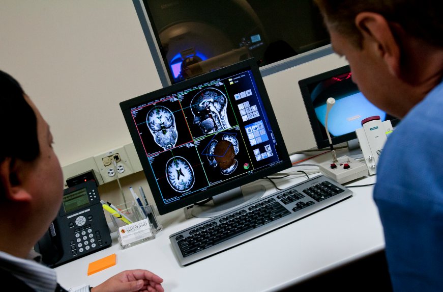 Two males looking at a computer with brain scans.
