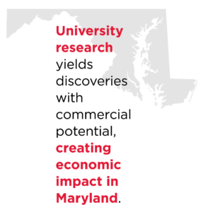 Gray graphic of Maryland map. Quote "University research yields discoveries with commercial potential, creating economic impact in Maryland" on top of graphic.