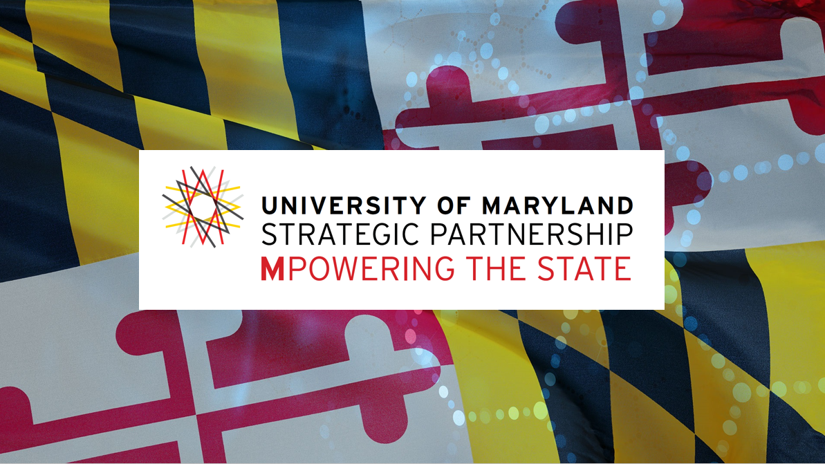 University of Maryland Strategic Partnership logo on Maryland flag stock photo