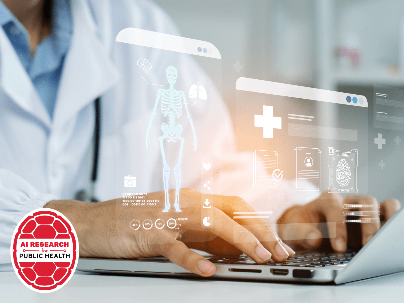 Artificial Intelligence stock image of medical doctor in white lab coat typing on a computer with medical icons floating in air.
