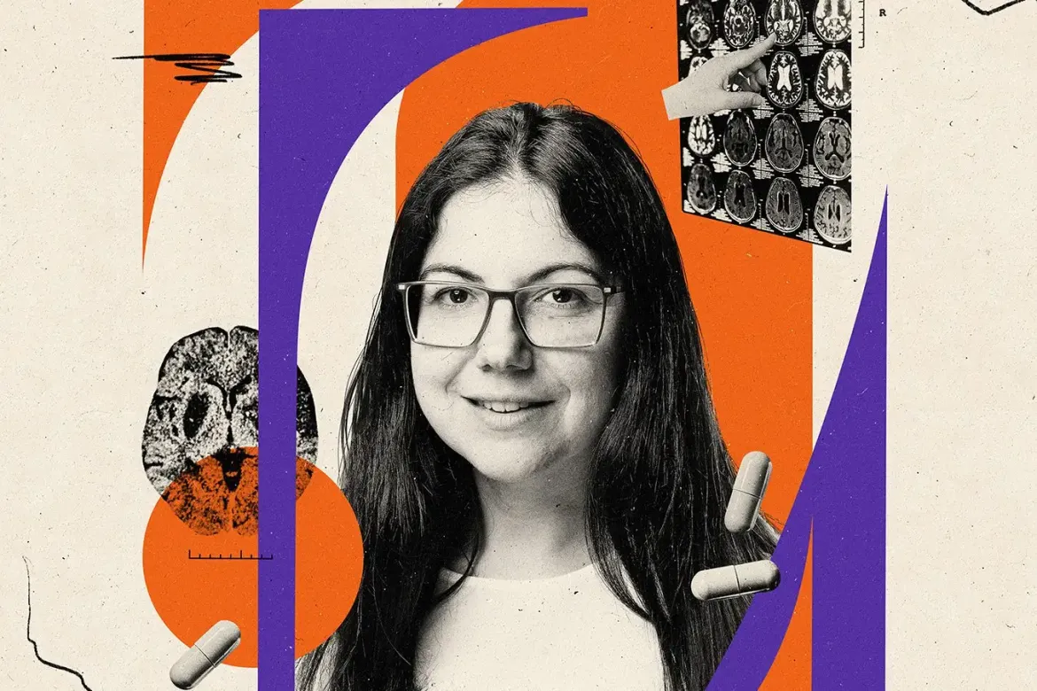 Female headshot with additional graphics around her including brain scan and pill.